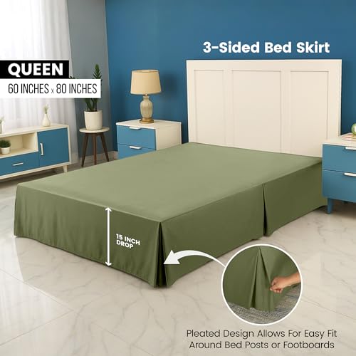 King Bed Skirt, 16-Inch Drop, Olive Microfiber, Pleated Design
