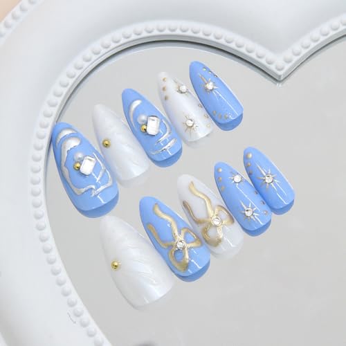 NBNTGH Blue White Press On Nails with Gold Star Design - Reusable Fake Almond Manicure Kit for Women & Girls, 24 Pcs