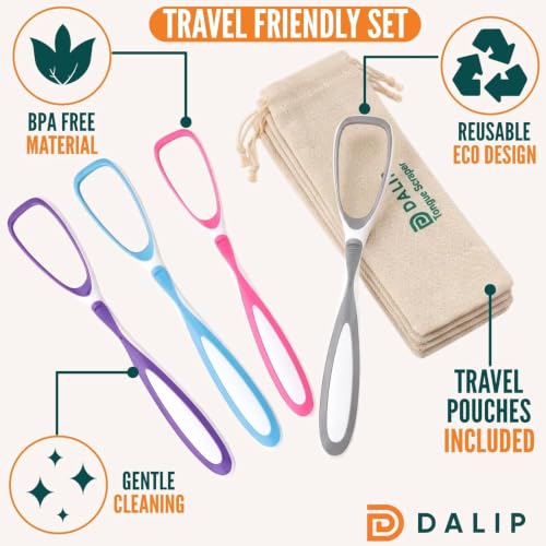 Glam by Dalip 4-Pack Plastic Tongue Scrapers with Travel Pouches, BPA Free Oral Hygiene Tool for Adults & Kids