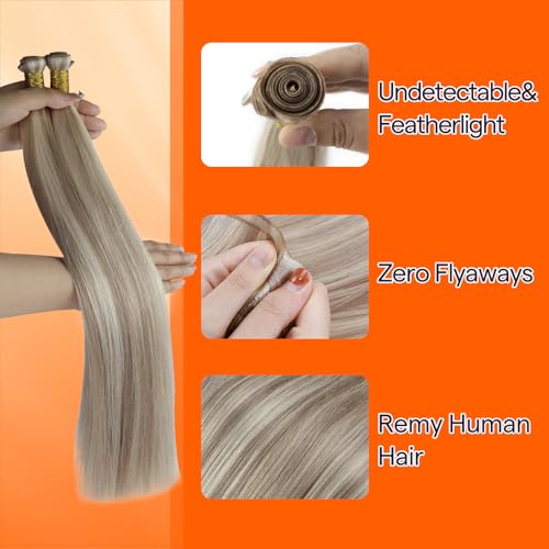 Full Shine 22 Inch Human Hair Weft Sew In Hair Extensions Real Human Hair Hand Tied Hair Extensions Color Ash Blonde Highlight Bleach Blonde Bundles Straight Human Hair 60G