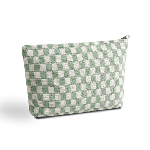 Dalulu Green & White Y2K Checkered Makeup Bag - Large Capacity Travel Organizer