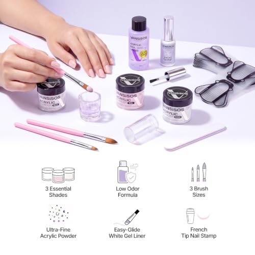 Acrylic Nail Kit - 40ml Low-Odor Liquid, 3 Powder Colors & Gel Liner - Variation F