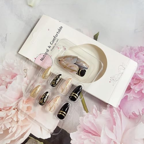 Medium Almond Press On Nails with Gold Foil - 24Pcs