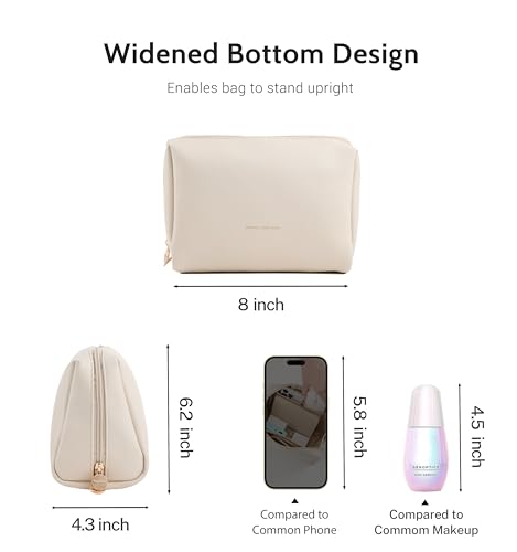 Aveniee Large Travel Makeup Bag Beige Vegan Leather Organizer with Divider