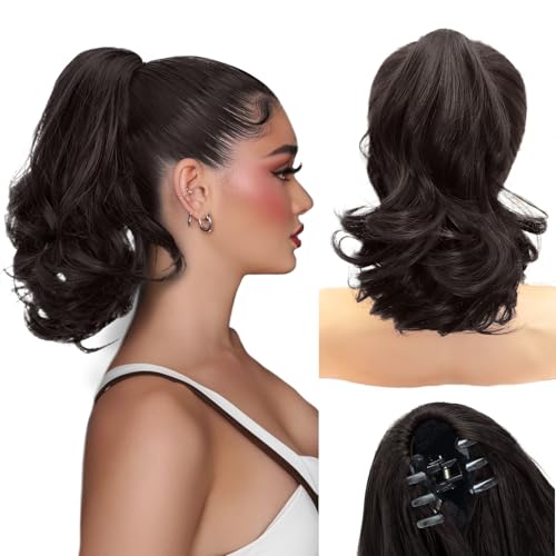 NAYOO Claw Clip Ponytail Extension Black Brown 12" Short Wavy in Hair