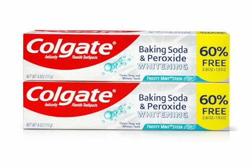 Colgate Whitening Toothpaste Frosty Mint Stripe 4oz Pack of 2 - Baking Soda & Peroxide Formula, Bonus Tube