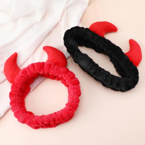Beaupretty 2 Pack Devil Horns Facial Headbands for Face Wash & Makeup - Soft Elastic Hair Band