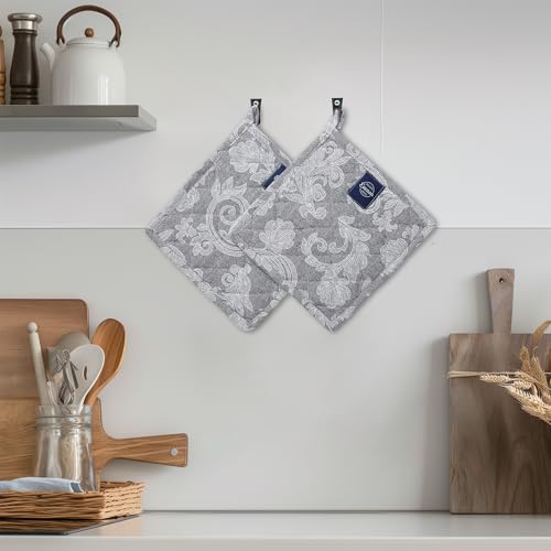 Encasa XO Heat-Resistant Quilted Pot Holders - Set of 2, 8"x8" Grey