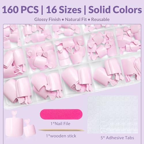 AddFavor Light Pink Press On Toenails 160pcs Full Cover Fake Toe Tips with Adhesive Tabs