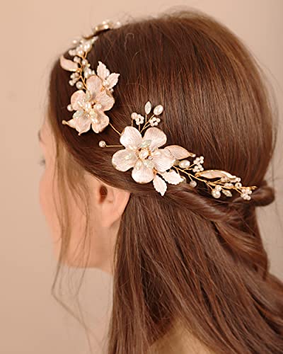 Xerling Gold Opal Crystal Flower Hair Vine for Brides & Girls