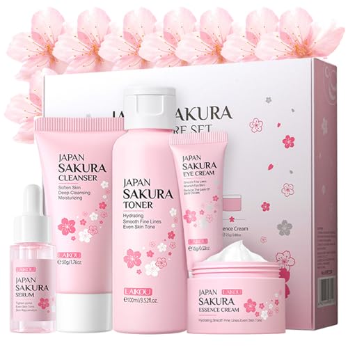 Yasovigi Sakura Skincare Set for Teens & Women - Travel-Friendly 5-Piece Kit with Cleanser, Toner, Serum, Eye & Face Cream