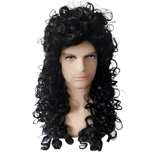 Mens Long Curly Black Wig - Heat Resistant Synthetic Hair for Cosplay