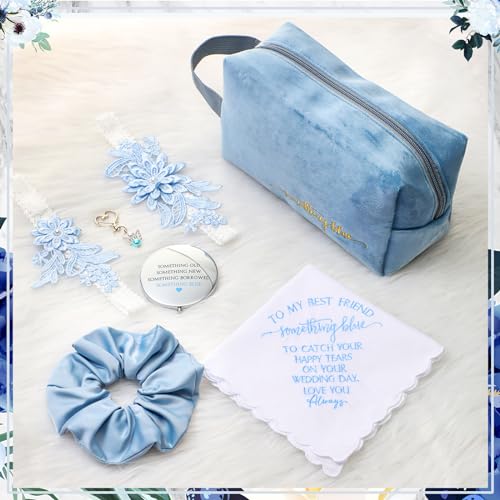 Hanaive Wedding Gift Set for Bride - Blue Cosmetic Bag Handkerchief Garter Mirror Charm