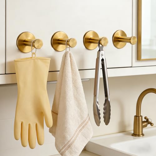 Self-Adhesive Bath Towel Hooks - 4 Pack Gold Stainless Steel