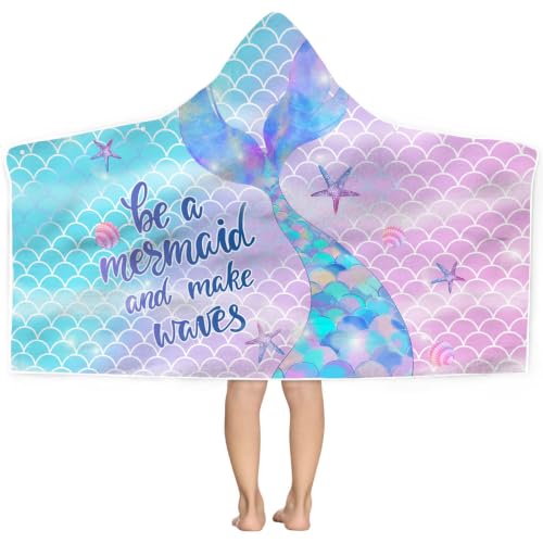 Kids Mermaid Hooded Beach Towel - Quick Dry Microfiber, 30"x50"
