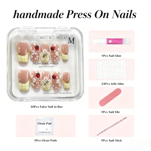 Medium Square Press-On Nails SQ603 - 3D Handmade Bee & Ladybug Design | 10 Pcs Reusable Acrylic