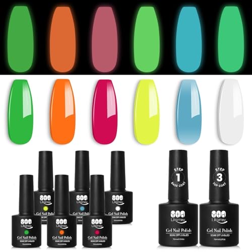 YTD Likomey Glow in the Dark Gel Nail Polish Set - 8 Colors with Base & Top Coat