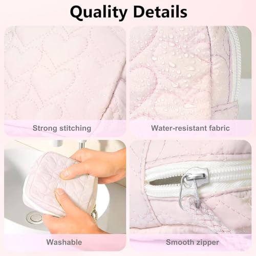 JOYYTUU 2-Pack Small Quilted Makeup Bags White & Pink, Waterproof Travel Organizer