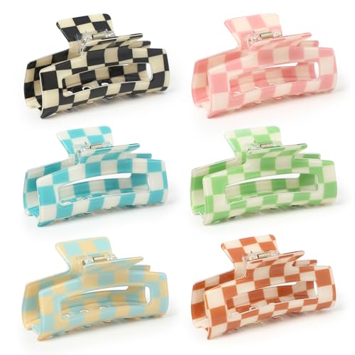 Multicolored Checkered Hair Claw Clips - 6 Pcs Strong Hold Accessories