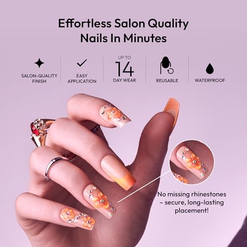 Goldfinger Grand Long Square 3D Handmade Press On Nail Kit with Rhinestones, Reusable, Lasts 2 Weeks