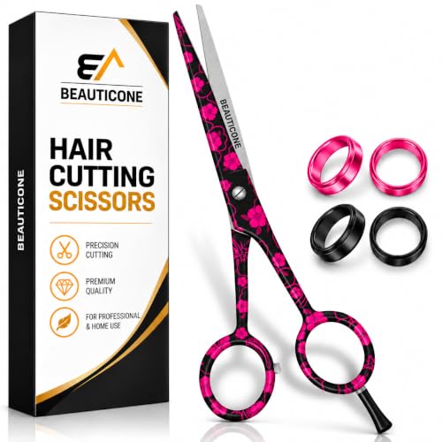Beauticone Pink Flower Hair Cutting Scissors 6.5" Salon Shears Professional Razor & Serrated Edge, Lightweight with Gift Box & Accessories