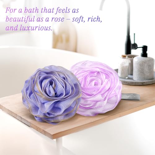 Rose-Shaped Bath Loofah Set of 2 - Elegant Shower Sponge in Purple & Grey