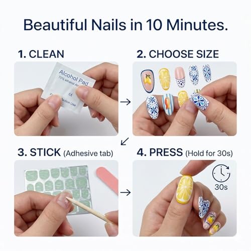 YWCYSP 10 Pcs Hand-Painted Summer Fish & Lemon Press On Nails - M