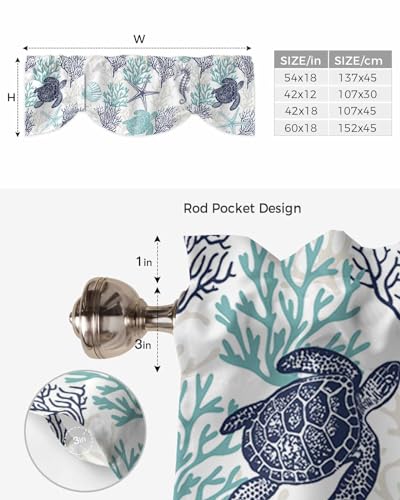 Coastal Tie Up Valance Curtains - Teal Blue 54"x18" for Kitchen & Bathroom