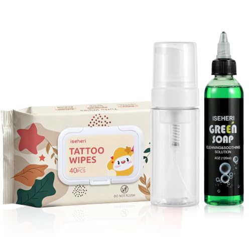 ISEHERI Tattoo Green Soap Cleaning Kit with 40 Wipes & Bottle