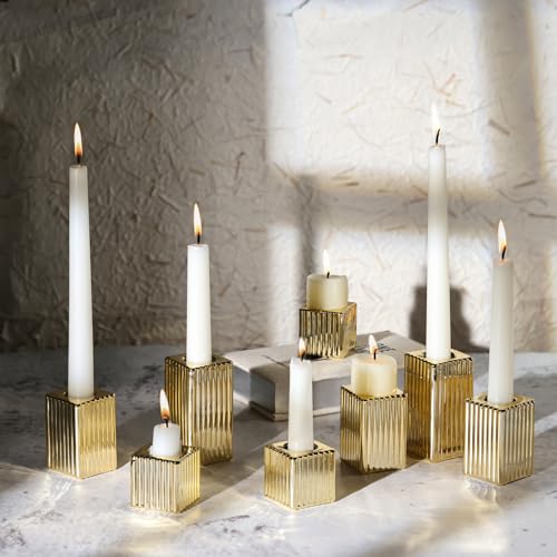 LETINE 12pcs Gold Vertical Stripe Glass Candle Holders Set