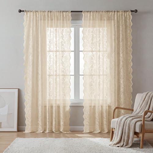 Beige Lace Curtains Set of 2 | 55x84in Floral Victorian Design