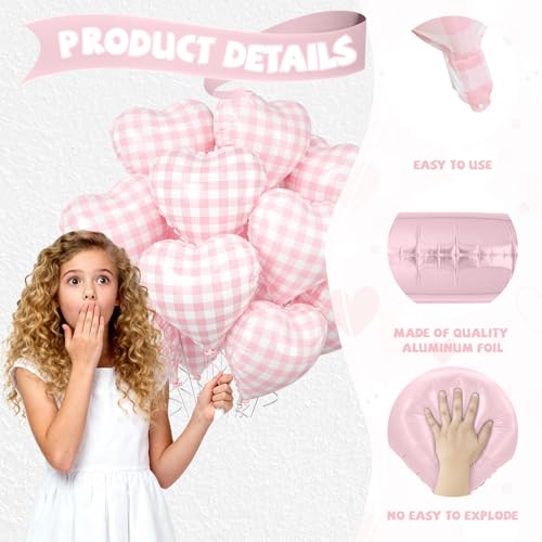 10PCS Pink Checkered Heart Foil Balloons - 18 Inch Party Decor