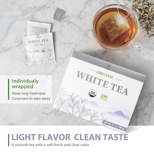 Soeos Organic White Tea - 100 Individually Wrapped Tea Bags, Low Caffeine, Smooth Floral Flavor