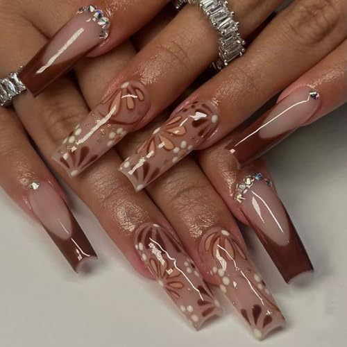 IMSOT Hot Fall Press-On Nails Long Square with Brown Floral Design