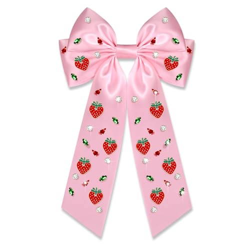 Strawberry Satin Hair Bow Clip with Crystal Charms - Summer Hair Accessory