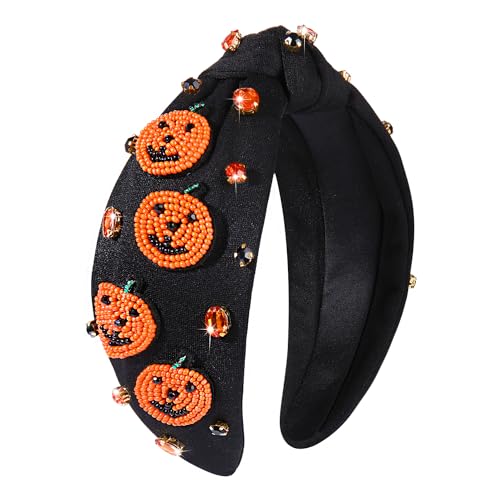 CEALXHENY Pumpkin Halloween Headband for Women Beaded Top Knot Rhinestone Embellished Costume Accessory - Pumpkin 2