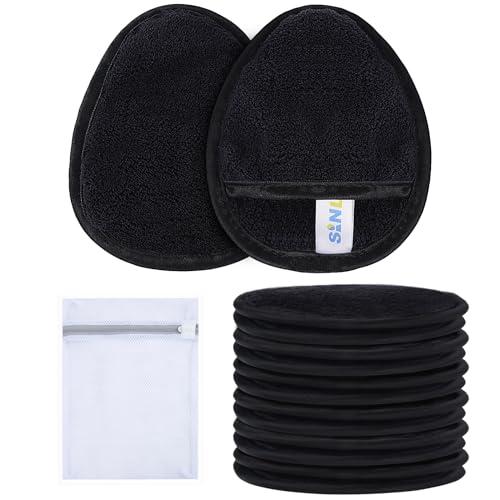 SINLAND Reusable Makeup Remover Pads Black (12 Pack) - Soft Microfiber Cleansing Cloths