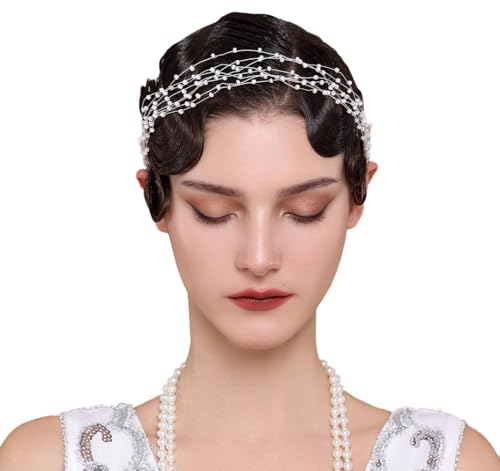 BABEYOND Silver Pearl Bridal Headpiece with Lace Ribbon