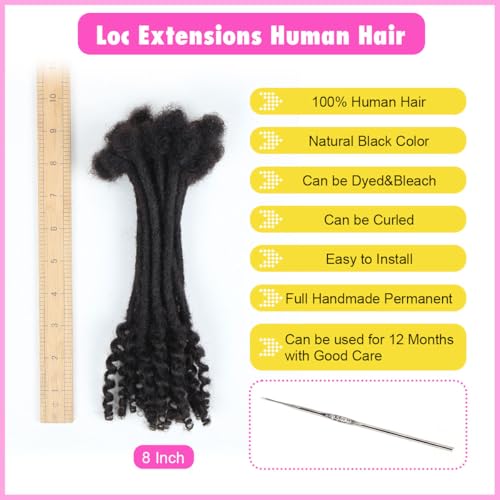 QUISDUIS 8 Inch Human Hair Dreadlock Extensions 20 Strands Black Curly Ends - Variation 1B / 20s / 4mm