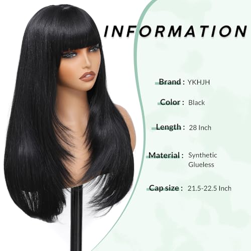 Black Synthetic Long Straight Wigs for Women with Bangs - 28 Inch, Realistic, Heat-Resistant Fiber, Adjustable Cap