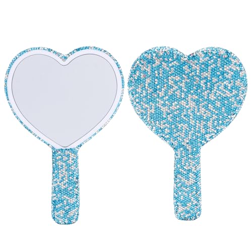 Framendino Blue Rhinestone Handheld Mirror 6.5" Heart Design
