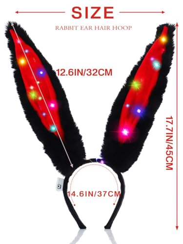 Aceorna Light Up Bunny Ears Headband - Black/Red LED Glow Hair Hoop for Women