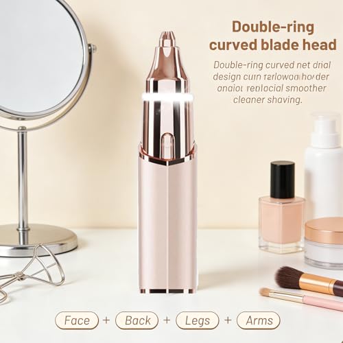 Facial Hair Remover for Women: 2 in 1 Electric Eyebrow Trimmer - Rechargeable, Waterproof, Portable, Precision Eyebrow Razor with LED Light (Champagne Gold)