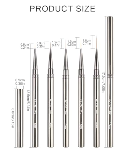 KADS Fine Liner Nail Brush Set with Metal Handle - 5 Sizes