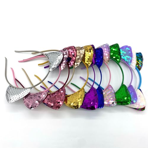 12 Pack Cat Ear Headbands with Sequins for Cosplay & Parties