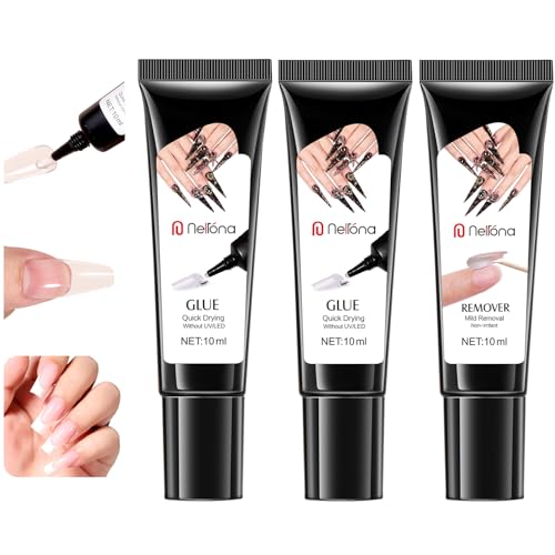 Nelrona 10ml Semi Solid Nail Glue & Remover Set - Quick Dry, Long Lasting 30+ Days for Press-On & Acrylic Nails - No Lamp Needed, Mess-Free Application