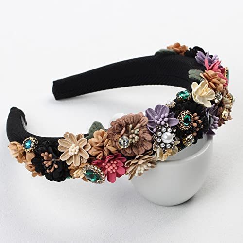 Florate Black Pearl Flower Headband Full Cover Rhinestone Hair Accessory