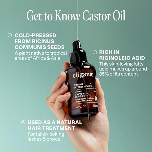 Cliganic Organic Castor Oil 8oz with Eyelash & Eyebrow Applicator Kit - Cold Pressed, Vegan