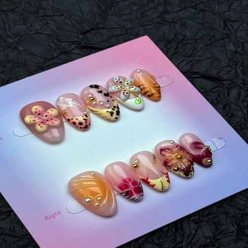 Handmade Almond Press on Nails with Yellow Flower & Pearl Rhinestones