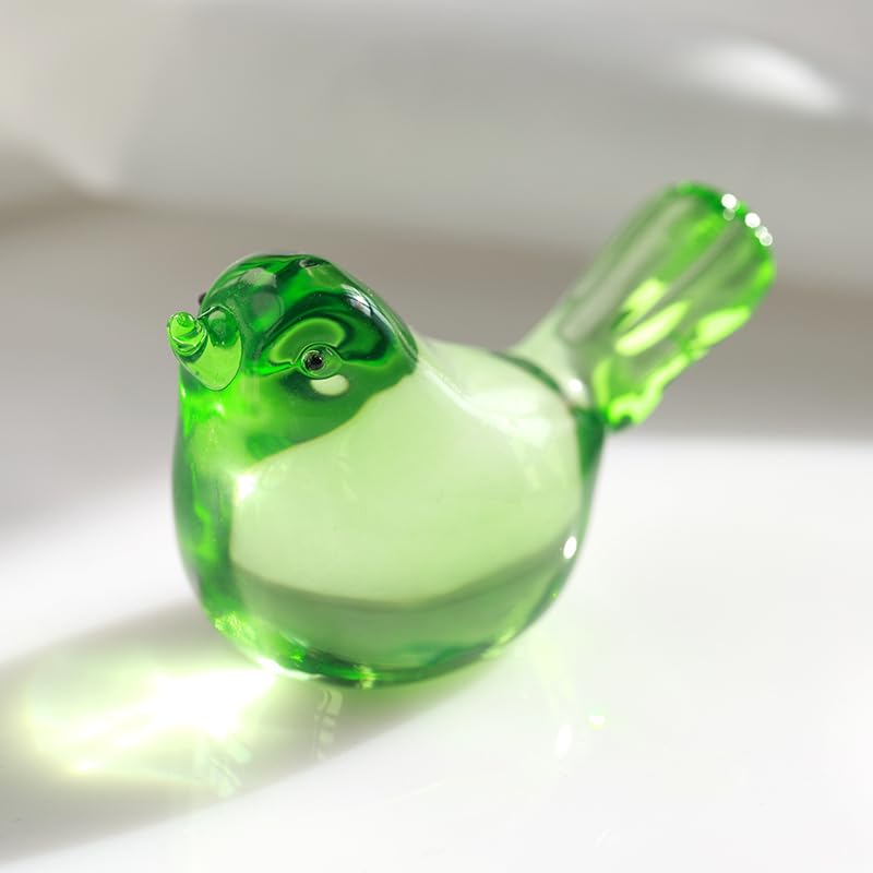 Handmade Blown Glass Bird Figurines Set of 2 - Green Crystal Home Decor